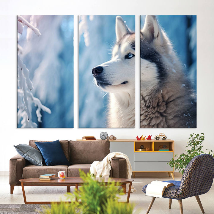 A captivating Winter Siberian Husky Wolf Wall Art Canvas Print hangs prominently.