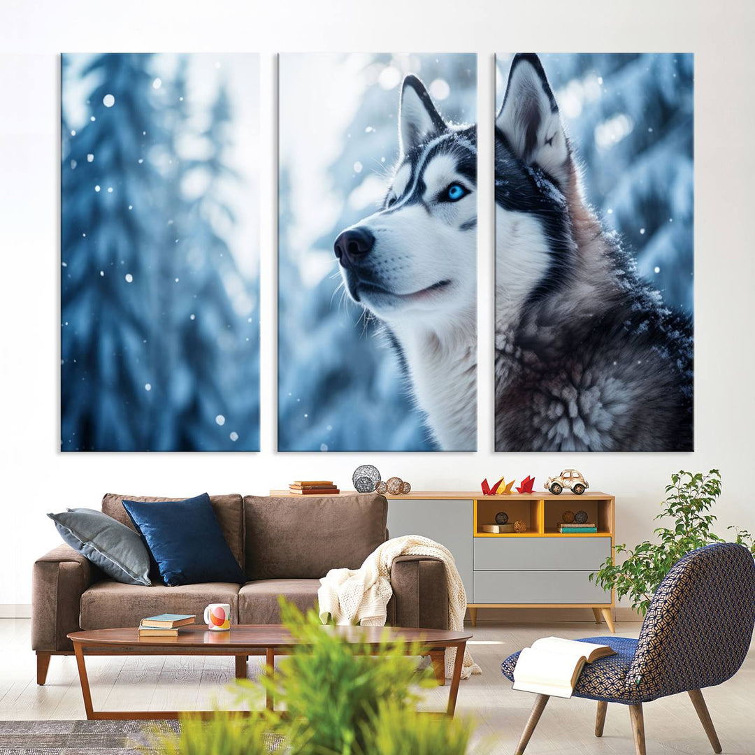 The "Winter Siberian Husky Wolf Wall Art Canvas Print" is elegantly displayed, enhancing the room's cozy ambiance in a snowy forest setting.