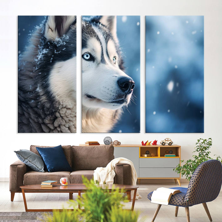 The space above the sofa features the Winter Siberian Husky Wolf Wall Art Canvas Print, creating a stunning snowy scene.