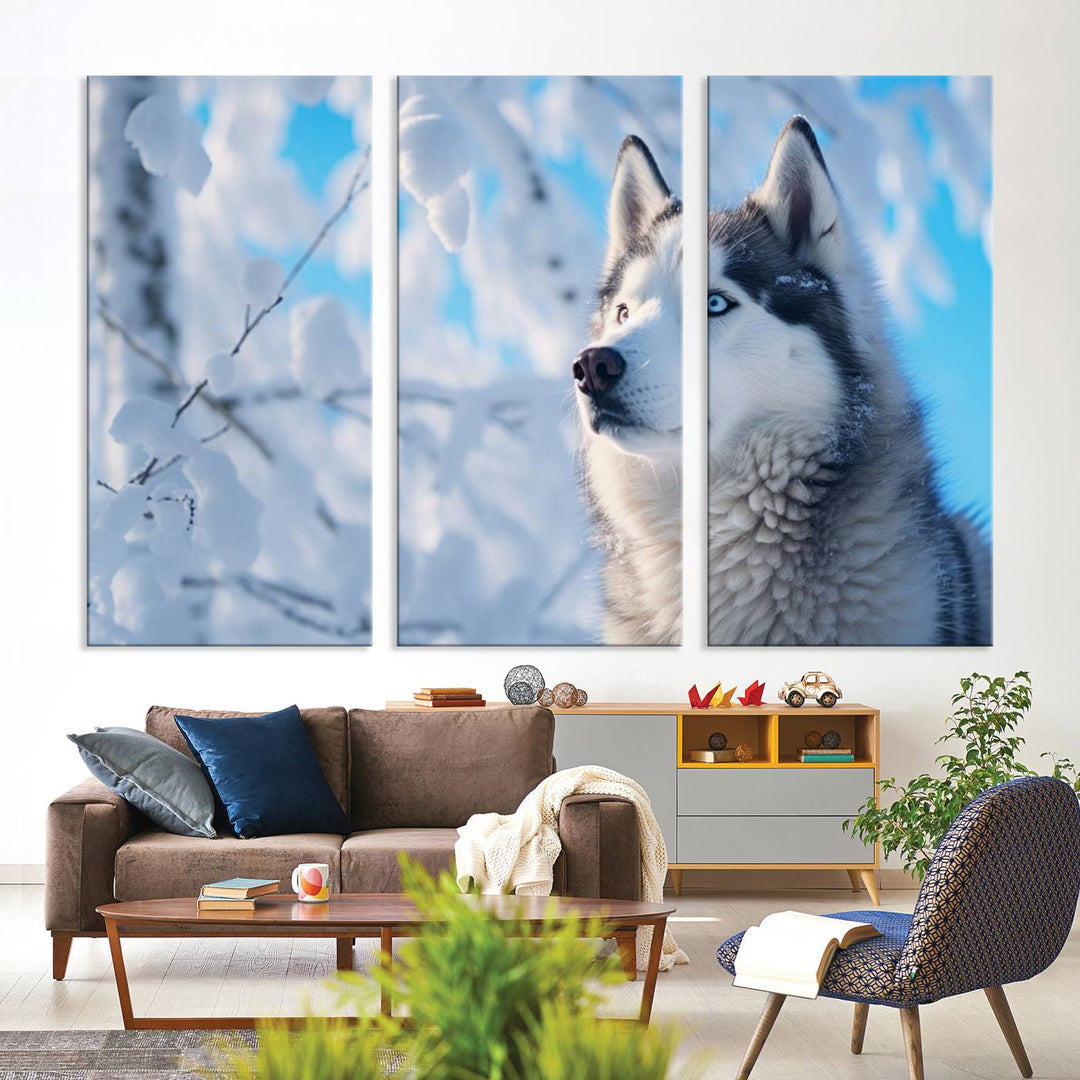 The Siberian Husky Art Canvas elegantly enhances the room.