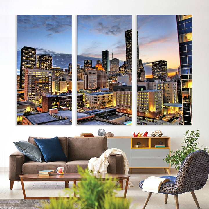 The modern living room features the Houston Wall Art Canvas Print on the wall. This professional craftsman framed masterpiece depicts a cityscape and is created with museum-quality polycotton canvas, ensuring a polished look that enhances its elegant charm.