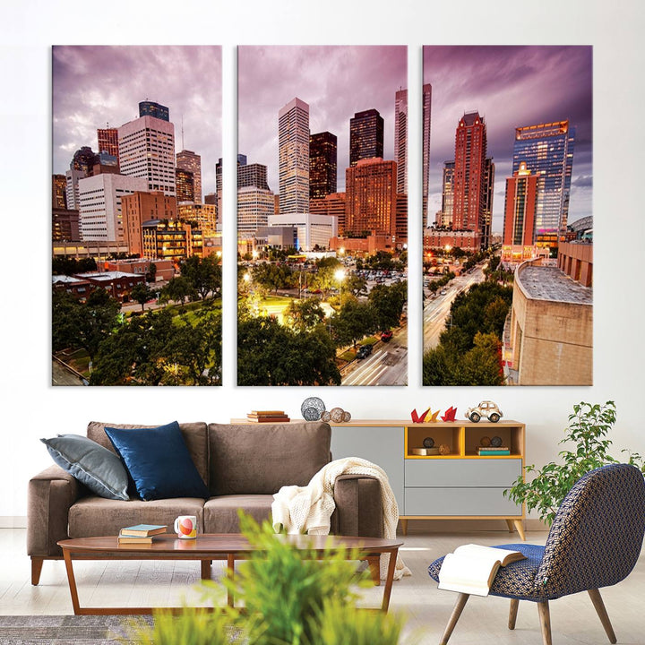 The Houston Wall Art Canvas Print in the living room displays a vibrant city skyline at twilight on museum-quality canvas with UV-protective coating.