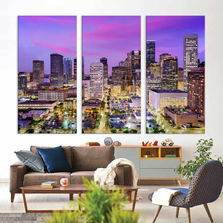 Houston Wall Art Canvas Print showcasing a vibrant cityscape at dusk on museum-quality canvas, expertly crafted by professional craftsmen.