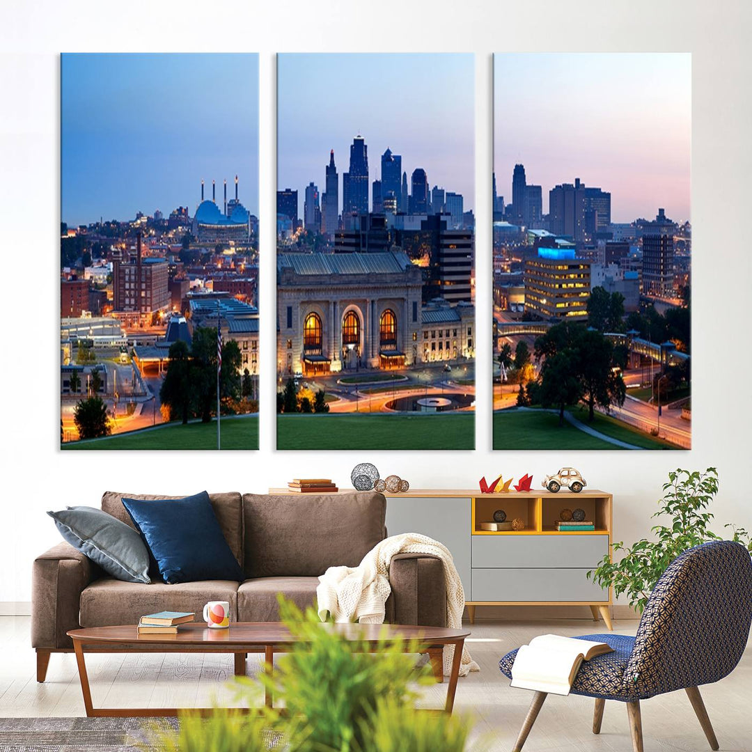 The Kansas City Skyline Canvas Wall Art Print hangs above, showcasing an iconic dusk cityscape with a historic building in the foreground, exuding urban sophistication.