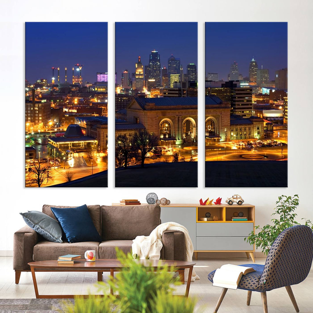 The Kansas City Night Canvas Print Wall Art creates a scene as captivating as museum-quality art, showcasing a city skyline at night with illuminated buildings.