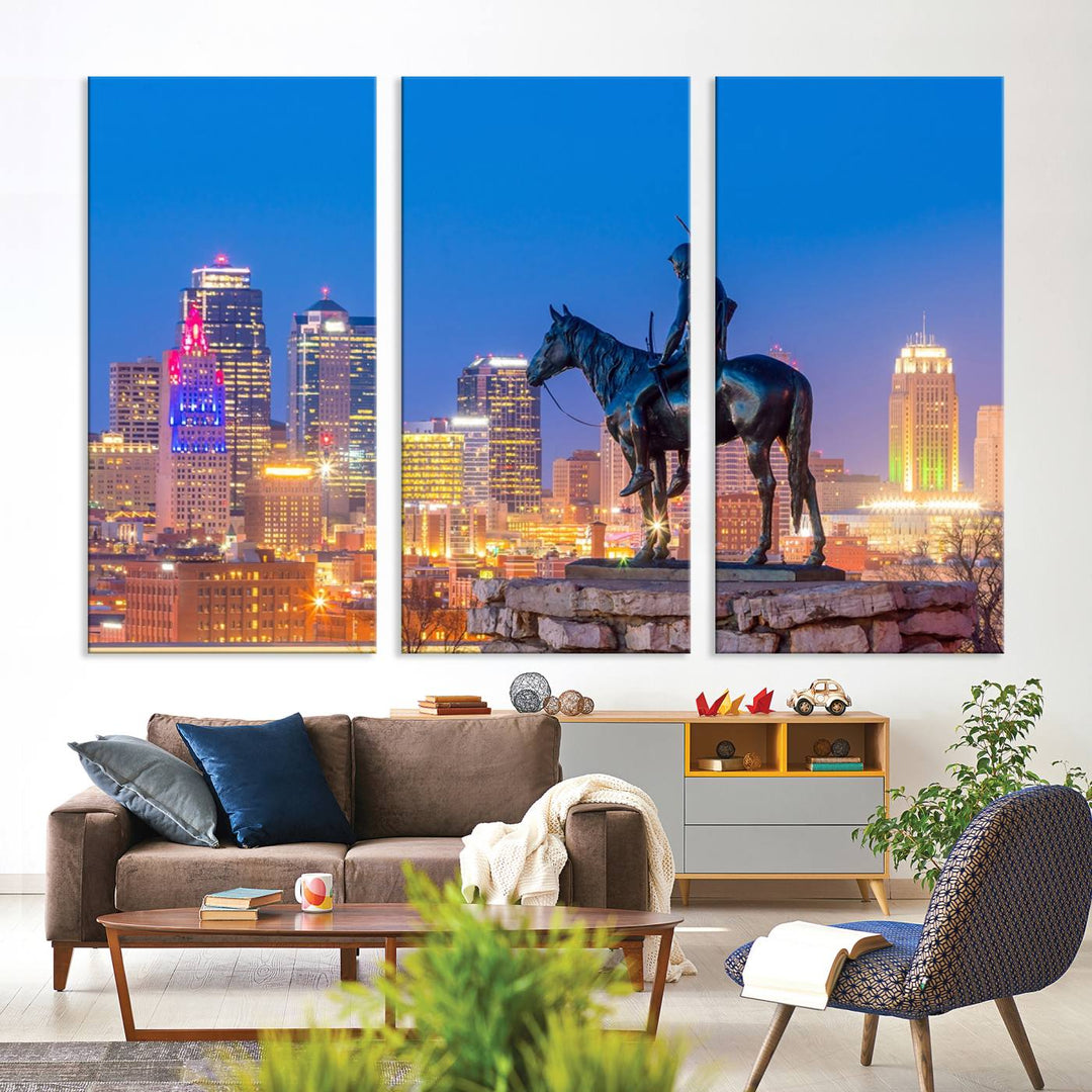 A large Kansas City Night Canvas Print Wall Art adorns the wall, gallery wrapped and finished with a UV-protective coating for lasting vibrancy.