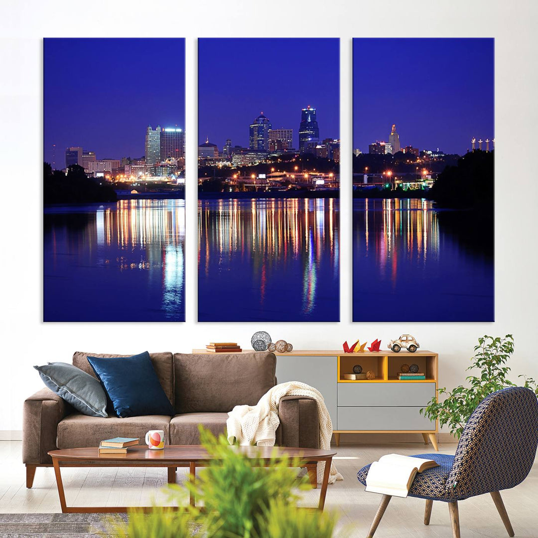 The Kansas City Night Canvas Print Wall Art captures the shimmering city skyline on the calm water, where every detail resembles a museum-quality polycotton masterpiece.