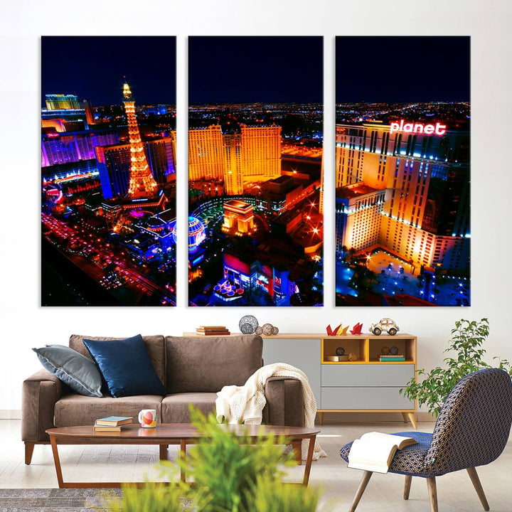 Las Vegas Wall Art Canvas Print showcases a dynamic and luminous cityscape at night with tall buildings and bustling streets. Expertly printed on museum-quality canvas, this gallery-wrapped artwork is enhanced with a UV-protective coating to ensure lasting brilliance.