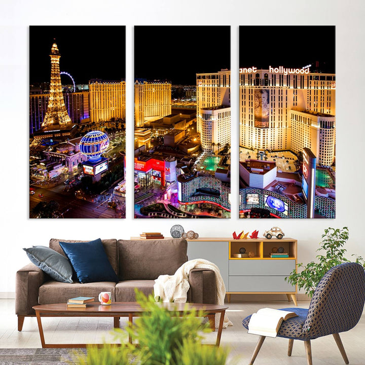 The Las Vegas Wall Art Canvas Print is a triptych set that showcases a stunning night view of Las Vegas. The illuminated buildings and the iconic faux Eiffel Tower add elegance to any space. Each piece comes with a UV-protective coating and is ready to hang, ensuring both style and durability.