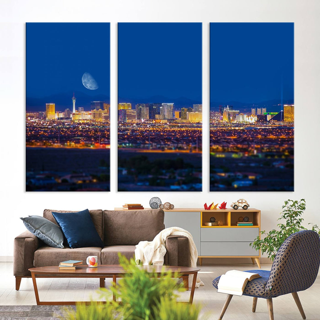 The Las Vegas Wall Art Canvas Print, depicting a city skyline at night, enhances a modern living room with its museum-quality canvas. This triptych comes ready to hang and boasts a UV-protective coating for lasting brilliance.