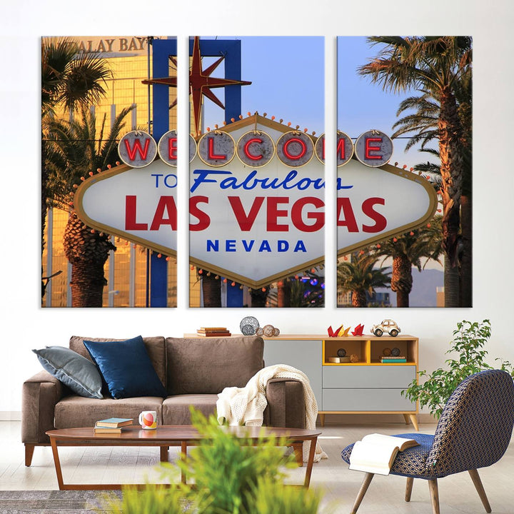 A Las Vegas Wall Art Canvas Print hangs on the wall, showcasing the iconic Welcome to Fabulous Las Vegas, Nevada sign. The museum-quality canvas guarantees vibrant colors with its UV-protective coating and is available with free shipping for added convenience.