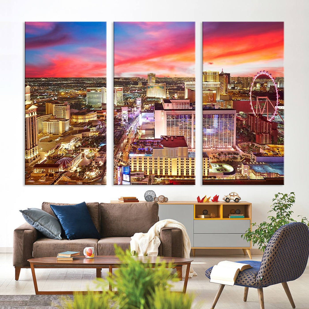 Las Vegas Wall Art Canvas Print depicting a vibrant cityscape at dusk on museum-quality canvas with a UV-protective coating, showcasing a skyline with colorful clouds.