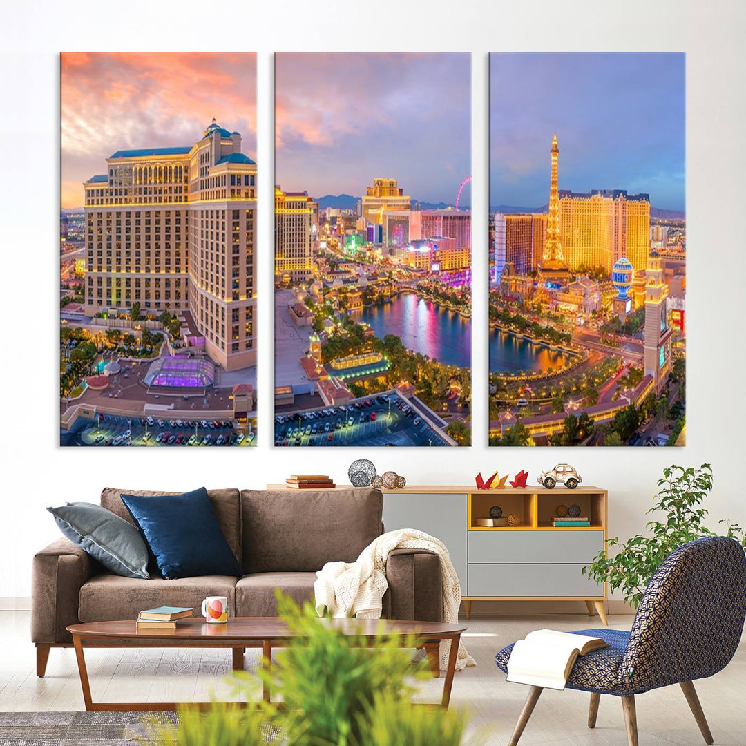 The gallery-wrapped triptych of the Las Vegas Wall Art Canvas Print, depicting the colorful skyline at sunset, adds a vibrant touch to the room. This artwork is crafted on museum-quality canvas and features a UV-protective coating for lasting durability.