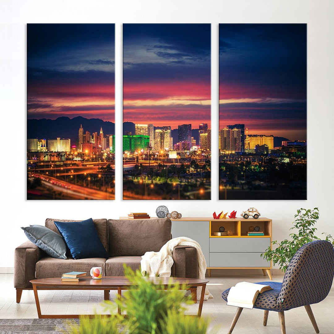 The living room is adorned with the Las Vegas Wall Art Canvas Print, a triptych showcasing a cityscape at sunset. This piece is crafted on museum-quality canvas and protected by a UV-coated finish, highlighting the craftsmanship of a skilled professional.