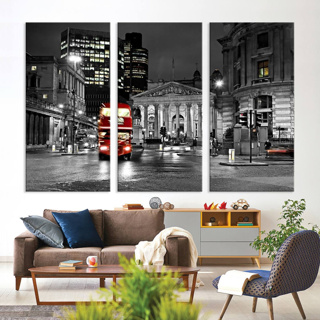 The London Night Red Bus Wall Art Canvas Print features a black and white cityscape with a moving red double-decker bus, crafted on museum-quality canvas with a UV-protective coating. This ready-to-hang artwork is designed to stand out and enhance any space.