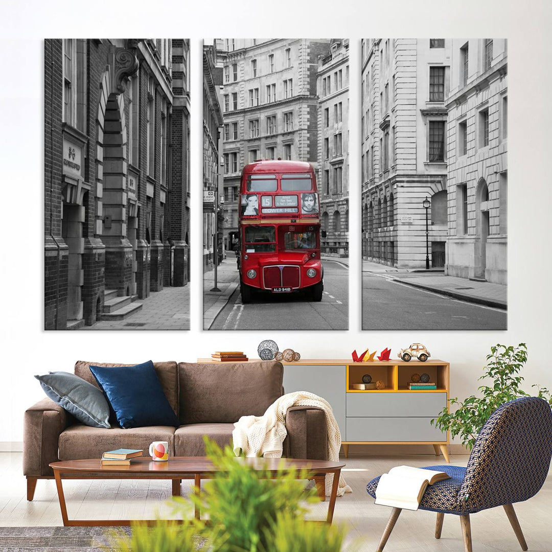 The living room features museum-quality London Red Bus Wall Art, showcasing a split canvas print of a red bus on a black and white city street. This artwork is ready to hang and includes a UV-protective coating to ensure long-lasting vibrance.