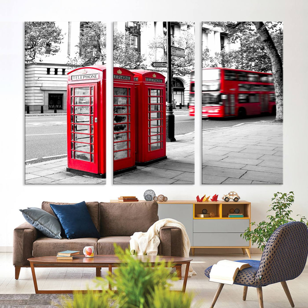 The London Red Bus and Phone Club Wall Art, a vivid night canvas print featuring iconic red buses and phone booths, is elegantly showcased on gallery-wrapped, museum-quality material. With its UV-protective coating, this captivating piece infuses your space with the charm of London.