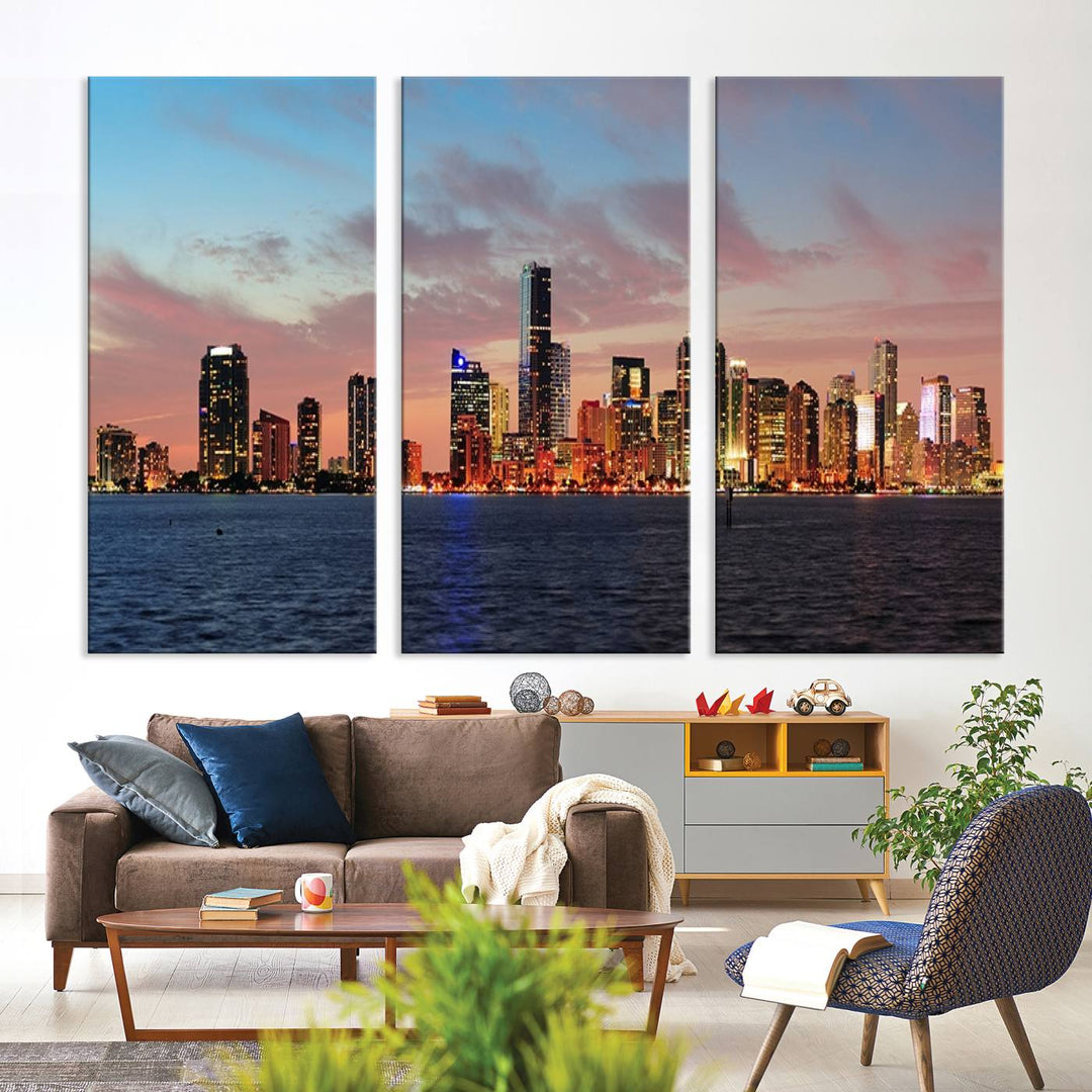 The Wall Art MIAMI Canvas Print emphasizes a vibrant cityscape at sunset. This artwork is presented on museum-quality canvas with gallery-wrapped edges, ensuring it stands out while maintaining its pristine condition for years to come.