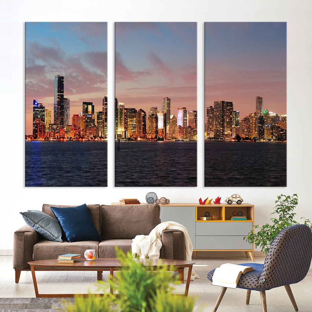 The living room features a gallery-wrapped triptych of the Miami City Wall Art Canvas Print above the sofa.