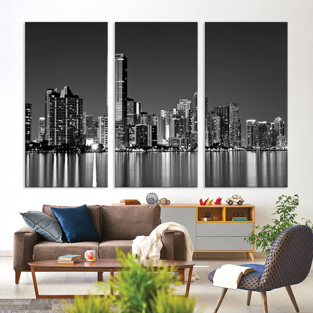 The Miami City Wall Art Canvas Print, a stunning triptych of the Miami skyline, elegantly hangs in this modern living room.