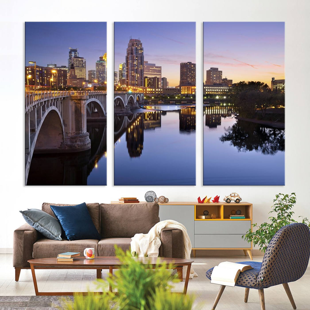 Display the Minneapolis Wall Art Canvas Print, featuring the Minnesota cityscape at dusk, on gallery-wrapped, museum-quality canvas.