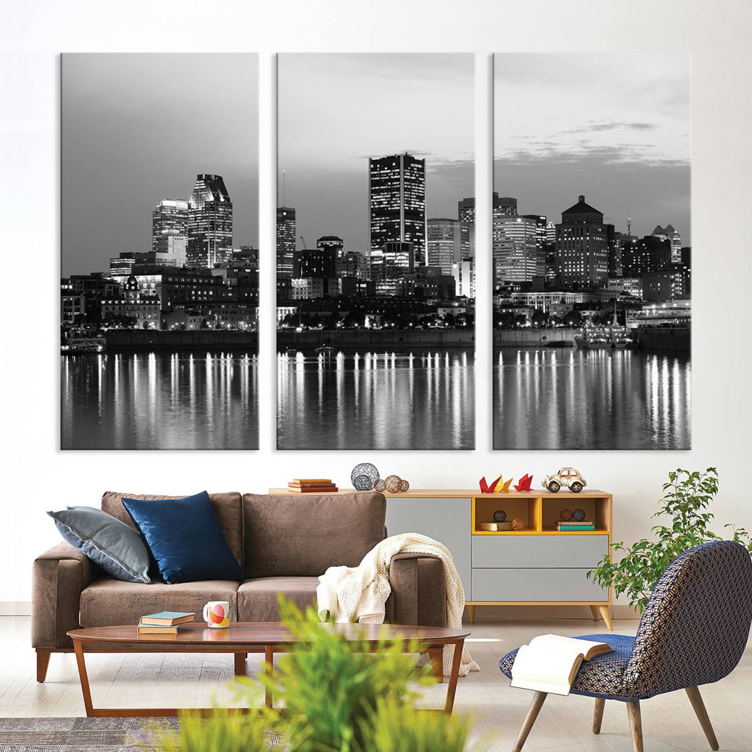 The "Montreal Canada City Wall Art," a black and white triptych of a city skyline at night, elegantly captures the reflections in water.