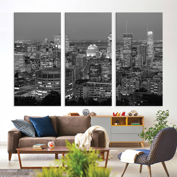 The gallery-wrapped, museum-quality canvas print features the Montreal Canada City Wall Art, showcasing a cityscape at night in black and white.