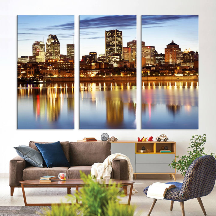 A Montreal Canada City Wall Art Canvas Print, depicting the cityscape at dusk and reflecting in calm waters, is crafted with museum-quality canvases and a UV-protective coating. This remarkable piece guarantees vibrant colors that remain stunning and ready to hang for years to come.