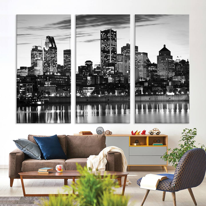 The contemporary living room features the Montreal Canada City Wall Art Canvas Print, an elegantly gallery-wrapped triptych on museum-quality canvas, prominently hung above.