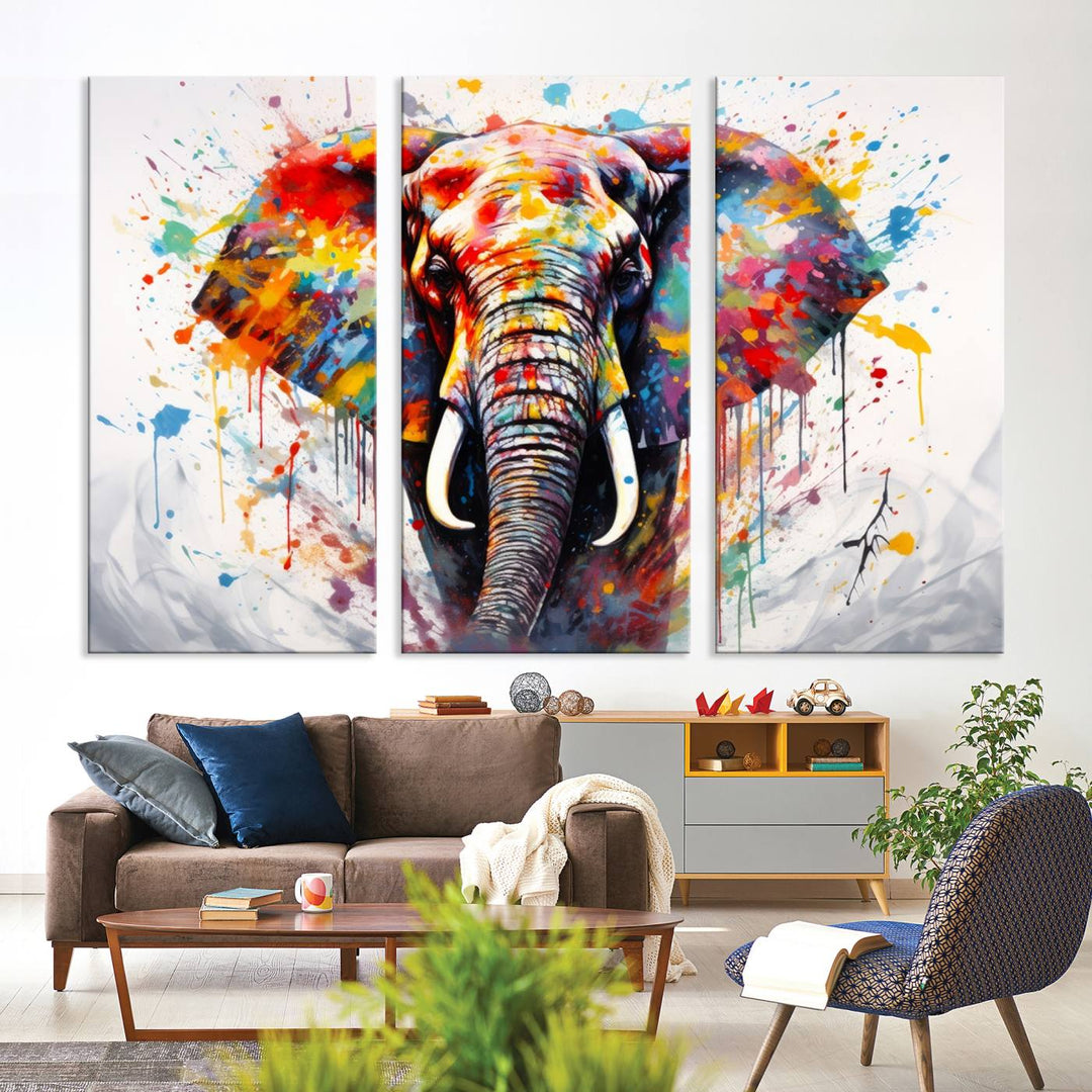 Impresión en lienzo de arte abstracto de pared de elefante de acuarela para decoración moderna del hogar, oficina, sala de estar y comedor