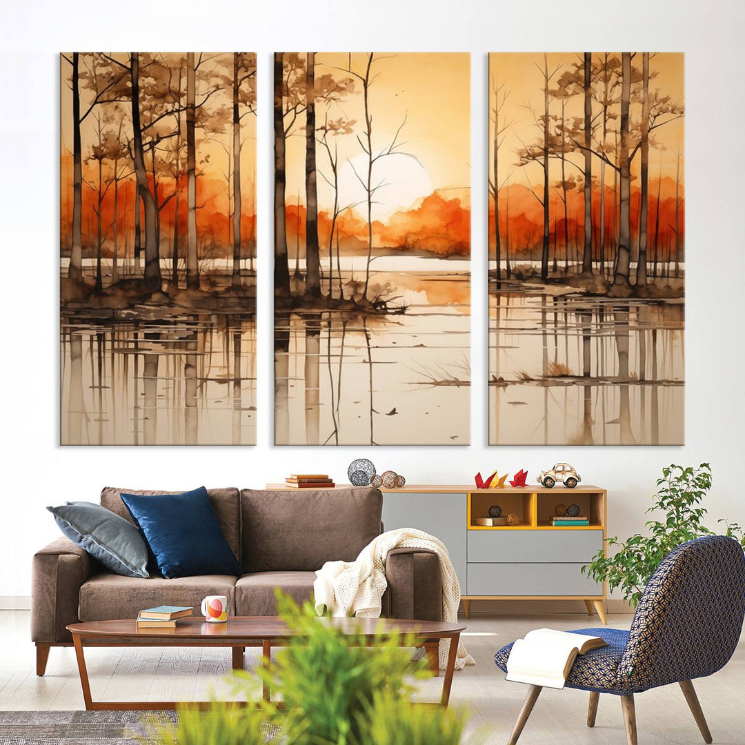 An Abstract Watercolor Trees and Sunset on Lake Wall Art Canvas Print, created on museum-quality canvas.