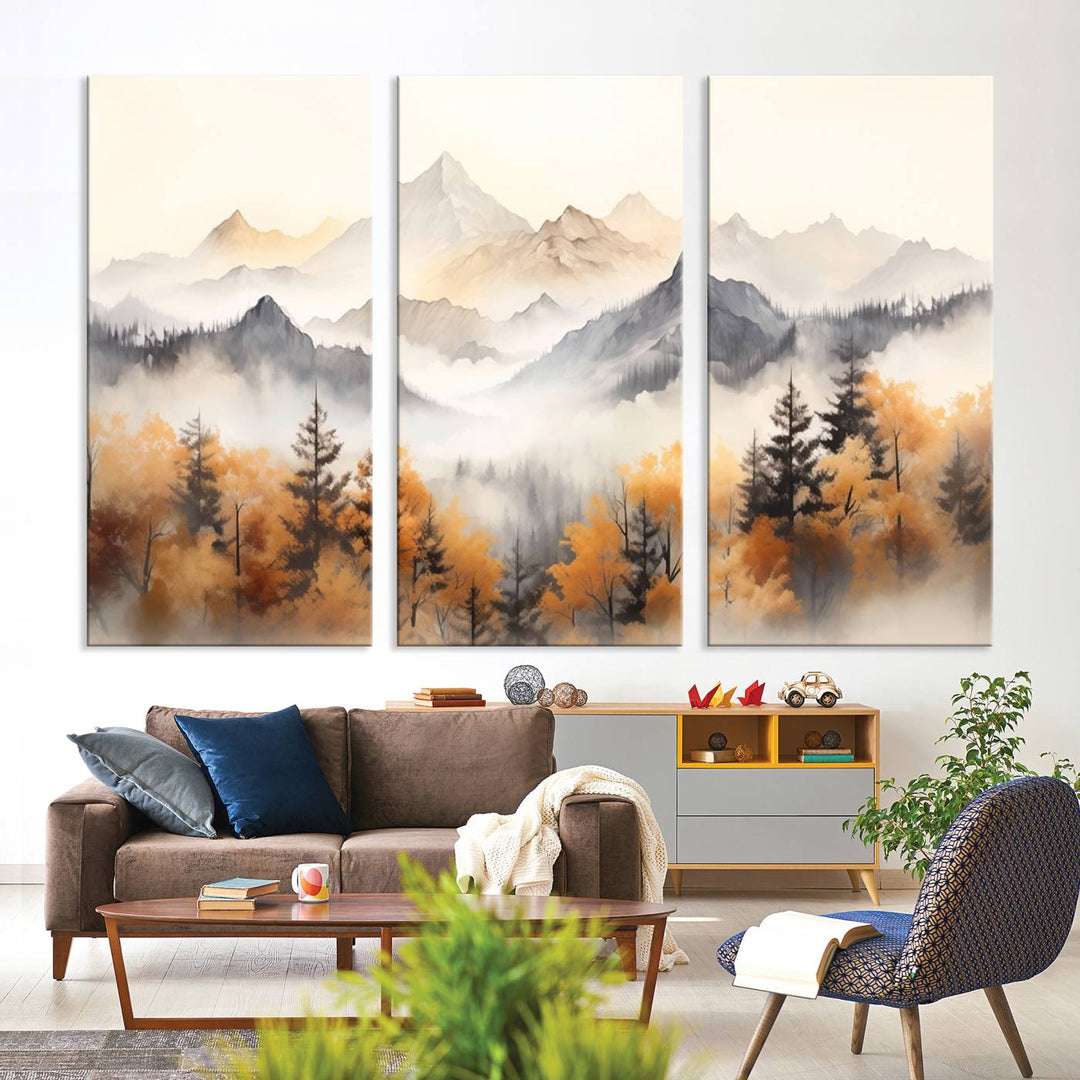 Art mural abstrait aquarelle montagnes et arbres automne