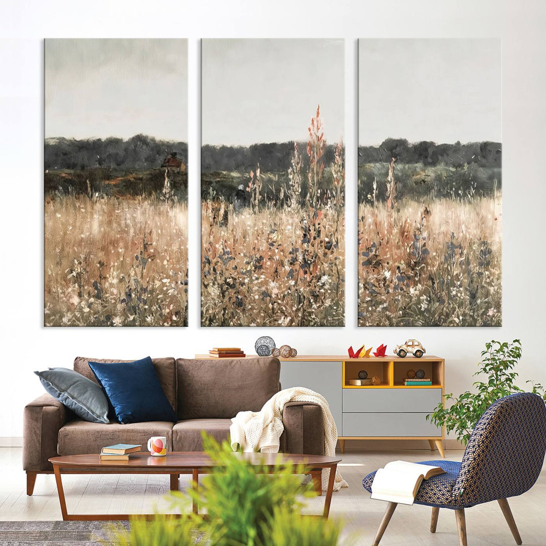 Abstract Wildflower Field Landscape Oil Painting Print, Country Field Wall Art - Framed Ready to Hang