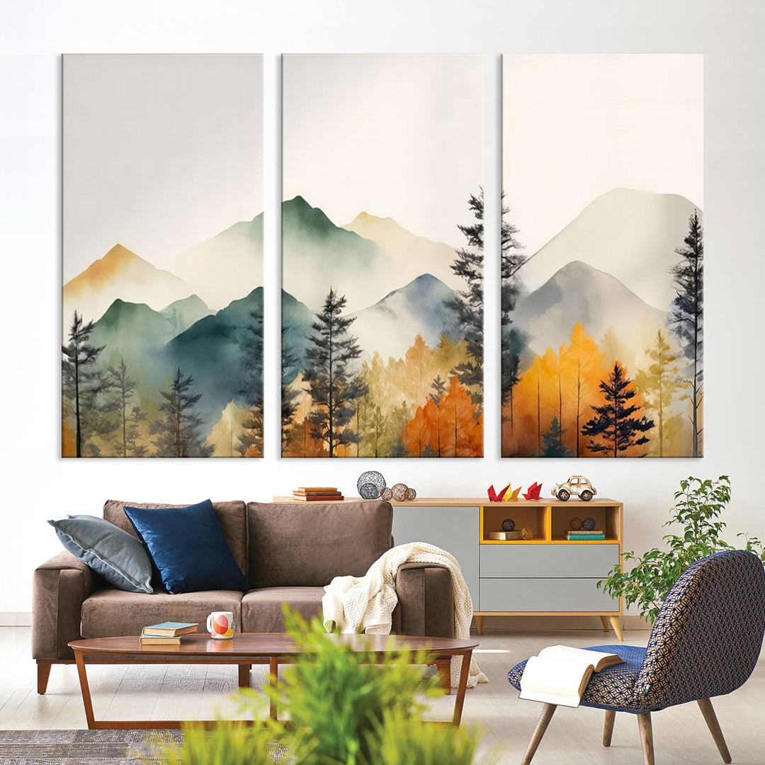 The Abstract Watercolor Mountains and Trees Autumn Wall Art, crafted on museum-quality canvas, decorates the space with its stunning triptych design. This wall art features autumn-colored mountains and trees, expertly gallery wrapped for a seamless and elegant addition to your living room.