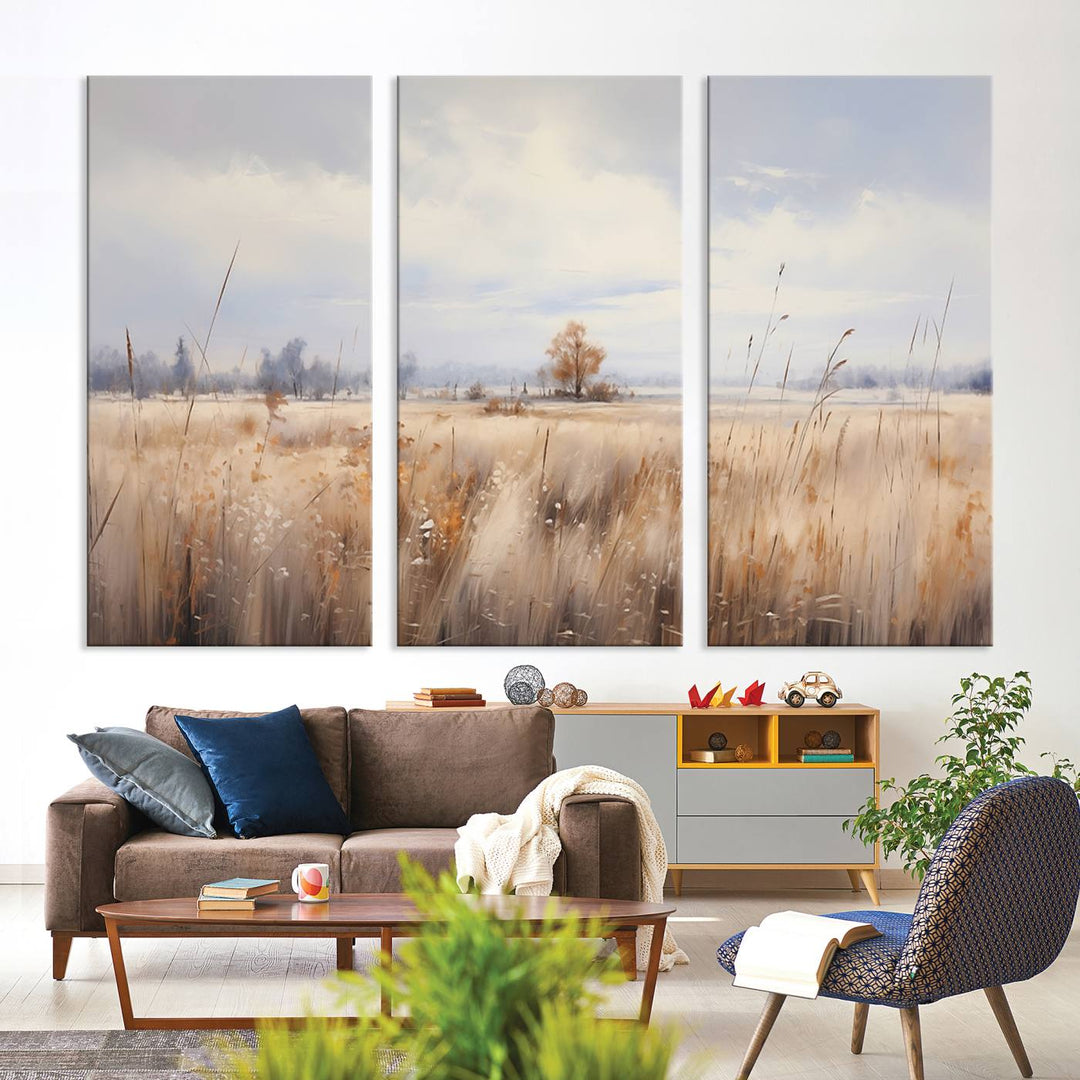 The modern living room features the Golden Fields Canvas Wall Art Print – Serene Landscape of Nature’s Tranquility in Minimalist for Farmhouse Decor, showcasing serene golden fields that enhance the calming ambiance.