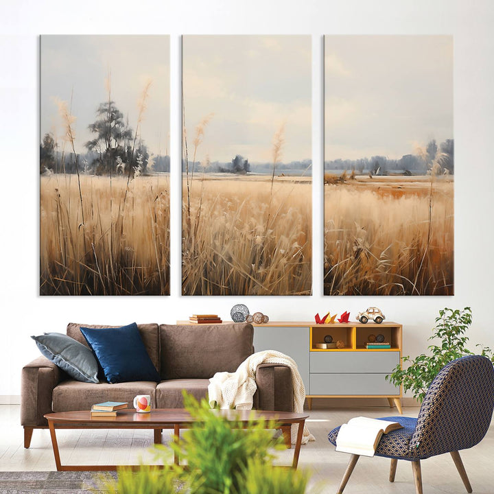 A Wildflower Field Landscape Oil Painting, showcasing a vintage art print of a serene field with tall grasses and distant trees, is beautifully presented on museum-quality canvases with gallery-wrapped edges.