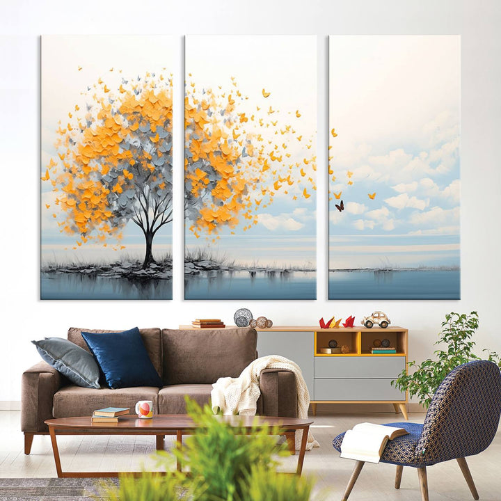 A Butterfly Tree Wall Art Canvas, featuring a modern tree adorned with yellow butterflies, decorates the wall.