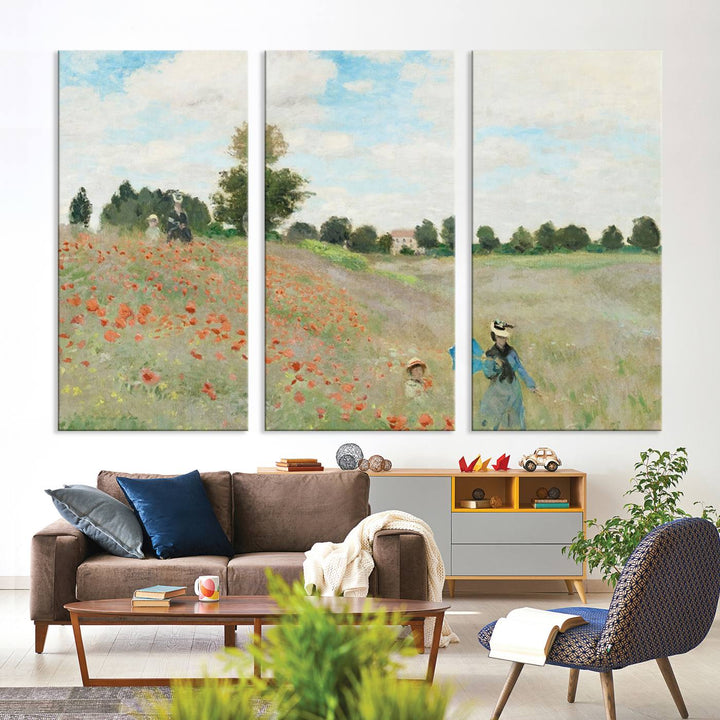 The Claude Monet The Poppy Field Canvas Print features a scene of a serene meadow with blooming flowers and a woman and child. It is printed on museum-quality canvas with UV-protective coating.