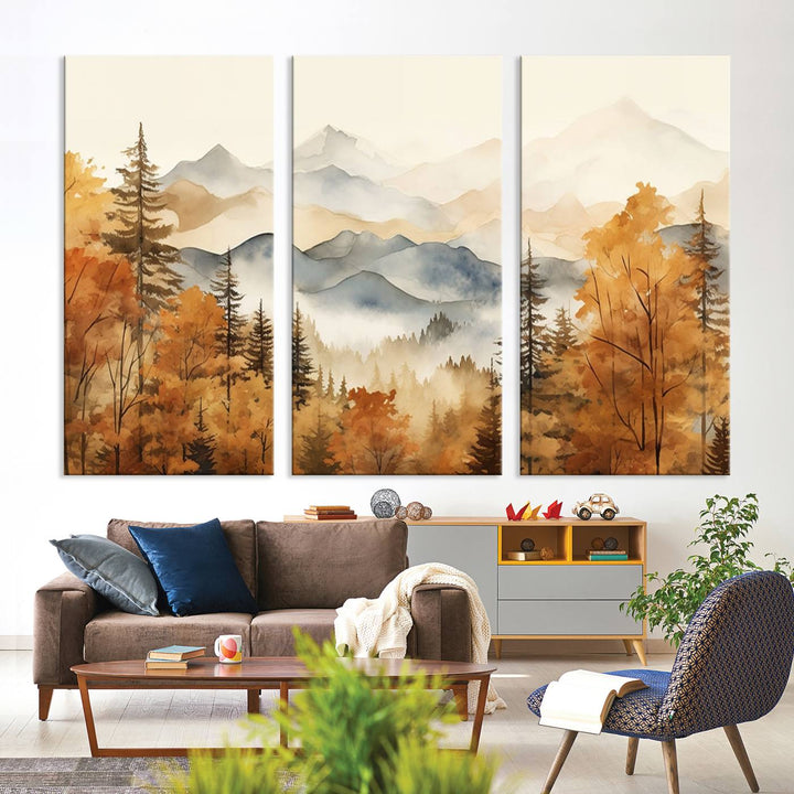 Abstract Mountain Mist Canvas Wall Art – Tranquil Autumn Forest and Misty Peaks - Ready to Hang