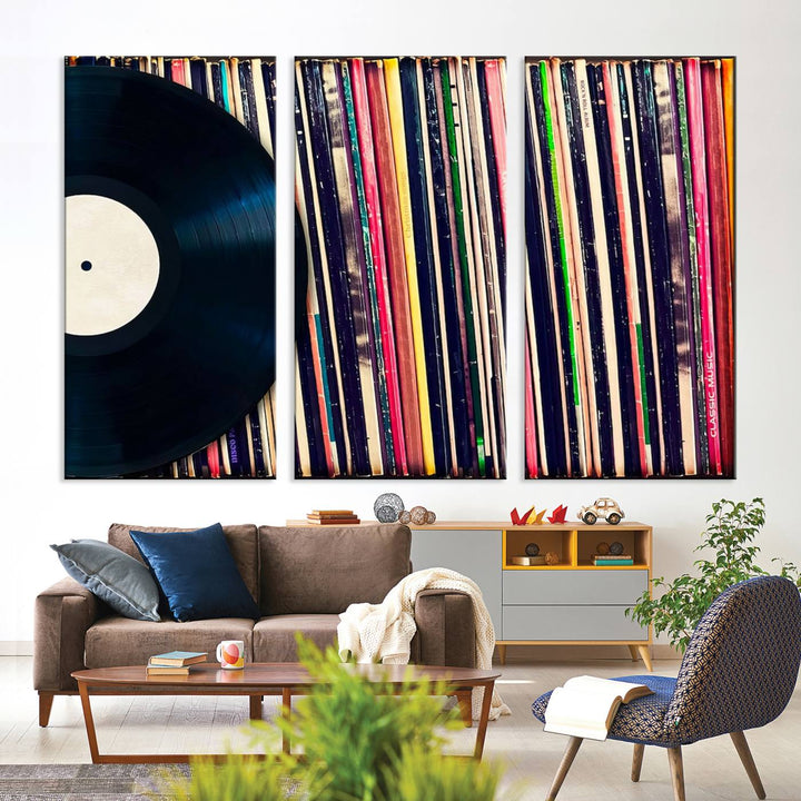 The room showcases the "Vinyl Record and Album Collection Canvas Wall Art," a perfect retro music decor piece for vintage vinyl lovers.