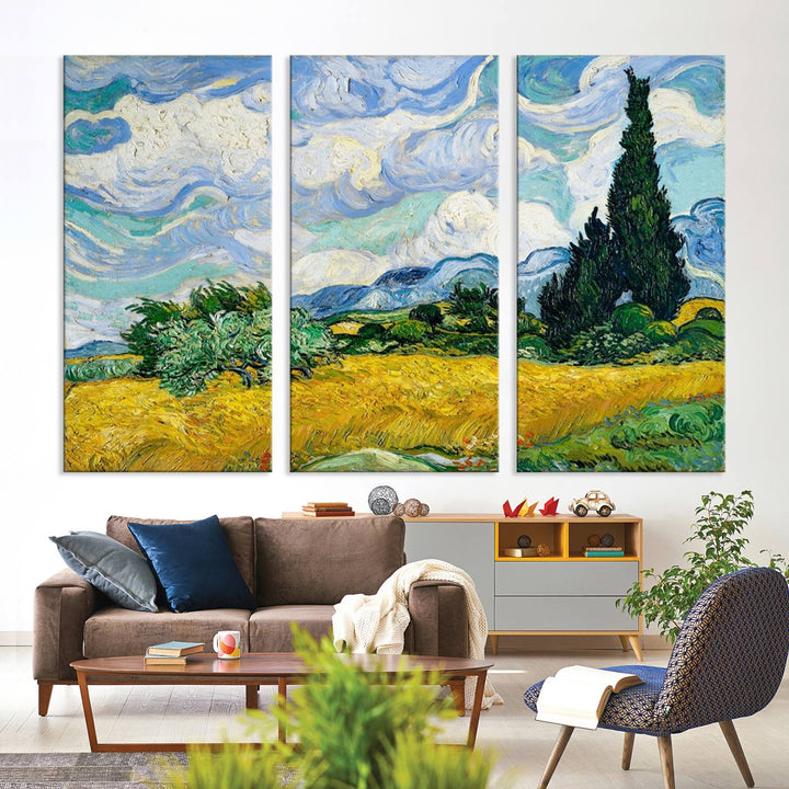 A contemporary living room features a large triptych of "Wheatfield With Cypresses By Van Gogh Painting Wall Art Canvas Print." Crafted on museum-quality canvas, this artwork brings a sense of elegance and craftsmanship reminiscent of professional artistry.