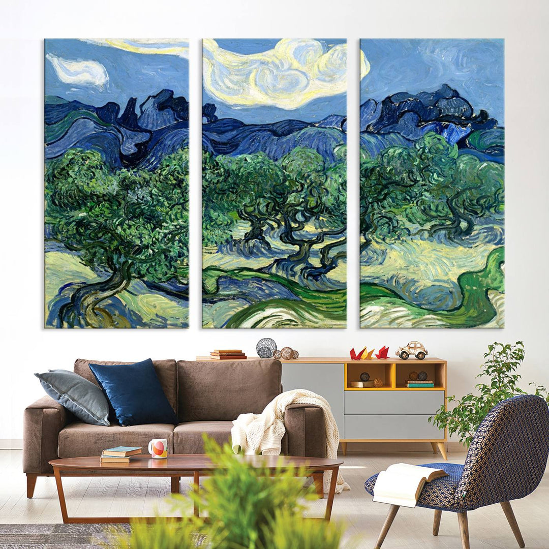 The Olive Trees Van Gogh Wall Art Canvas Print enhances the living room with its vivid landscape on museum-quality canvas, complete with a UV-protective coating.