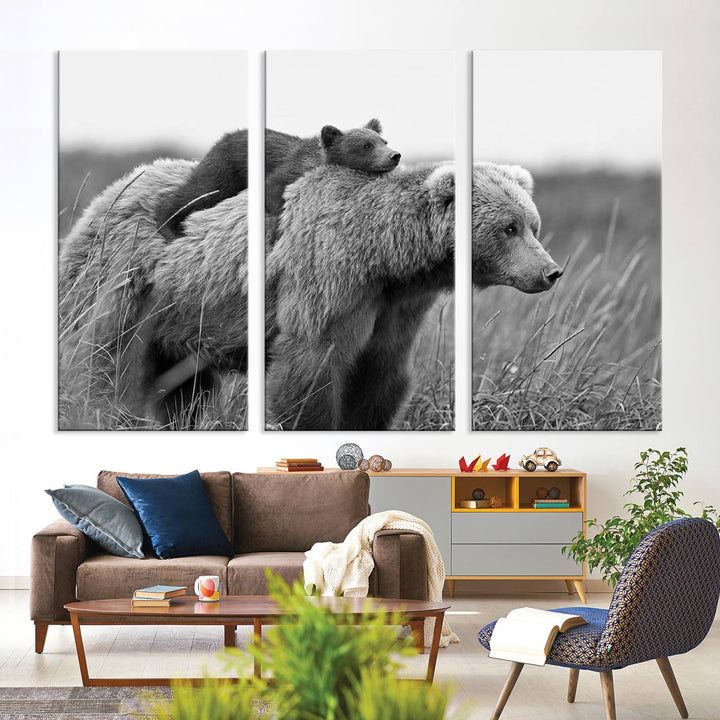 Baby Bear and Mom Bear Family Black & White Canvas Print Wall Art Canvas