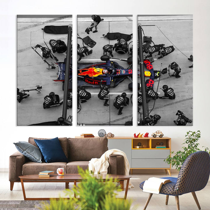 The RedBull Formula 1 Canvas Wall Art Print, a set of three gallery-quality pieces, elegantly adorns the wall.