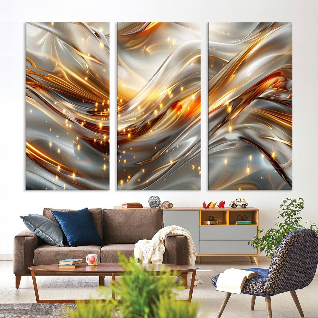 The Elegant Modern Gold Abstract Wall Art - Premium Framed Canvas Print for Home & Office Decor showcases a captivating triptych with swirling metallic designs and golden sparkles, perfectly enhancing contemporary interiors.