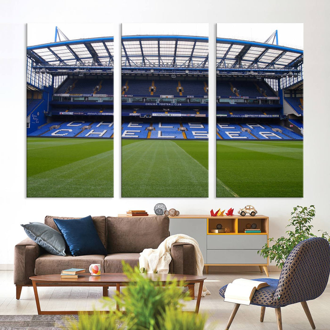 The Chelsea FC Soccer Team Print - Stamford Bridge Stadium Wall Art Canvas Print hangs elegantly, bringing the thrill of the game into your living room.