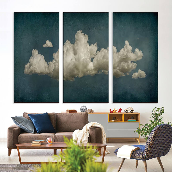 The Vintage Green Clouds Wall Art Canvas Print, set against a teal backdrop, showcases breathtaking canvas artwork with a gallery-quality finish.