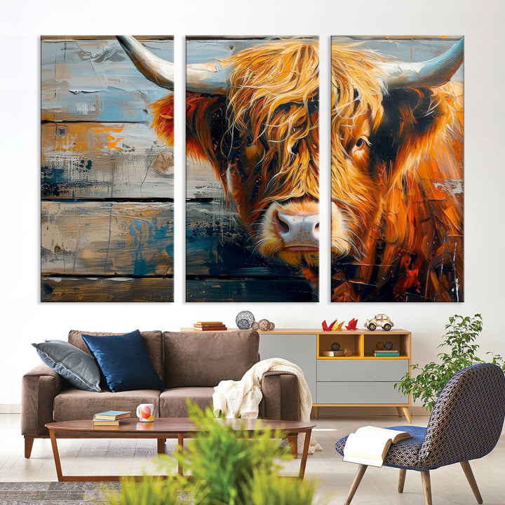 The Highland Cow Abstract Canvas Wall Art, a bold piece of farmhouse rustic decor, adds charm to the modern living room.