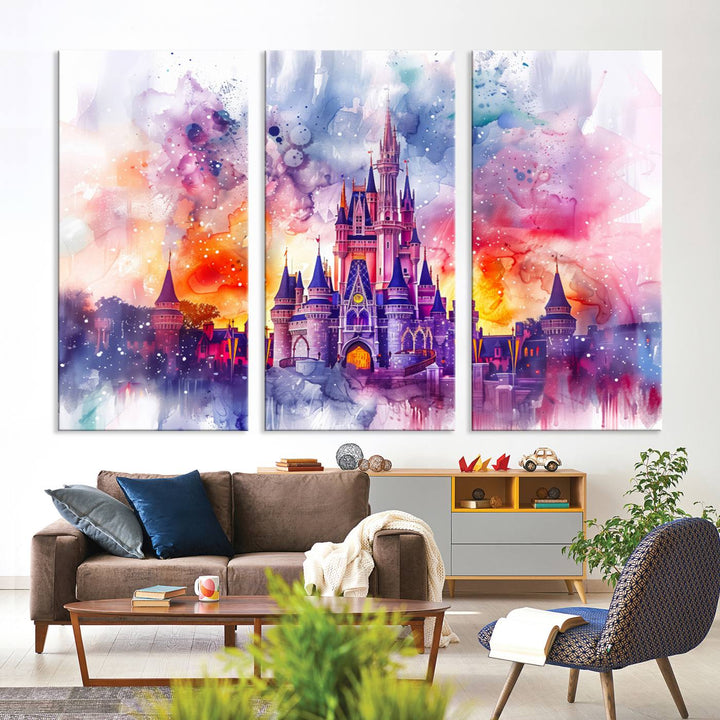 A vibrant piece of wall art depicting the Cinderella Castle from Disneyland, presented as a watercolor painting on premium canvas, is displayed.