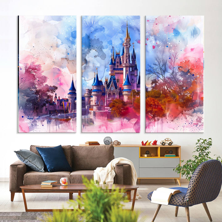 The Disney Wall Art: Dreamy Watercolor Cinderella Castle Canvas Print features a fairy-tale castle with vibrant pink, blue, and purple hues. Expertly handmade in the USA, this premium canvas wall art adds a touch of enchantment to any room.